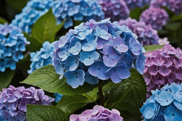 Les hortensias aux nuances bleues et violettes