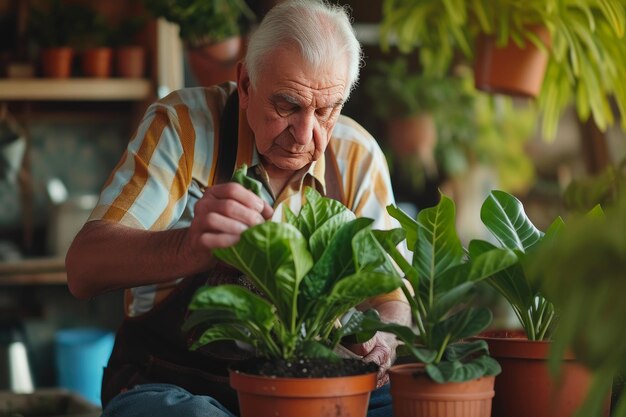 Un horticulteur âgé s'occupe de la verdure en pot