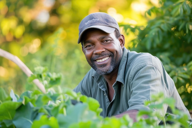 Photo un horticulteur heureux dans le jardin