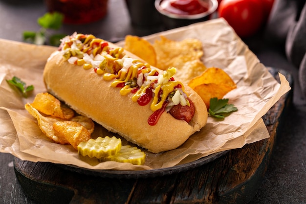 Hot-dog américain traditionnel avec moutarde et ketchup