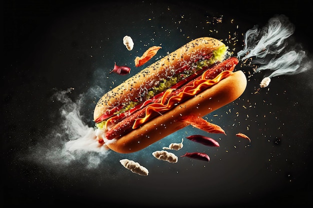 Hot-dog appétissant chaud avec saucisse juteuse au ketchup épicé et feuilles de laitue verte