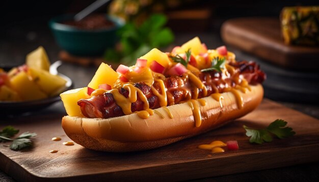 Hot-dog au bœuf grillé sur une table en bois rustique avec du ketchup généré par l'intelligence artificielle