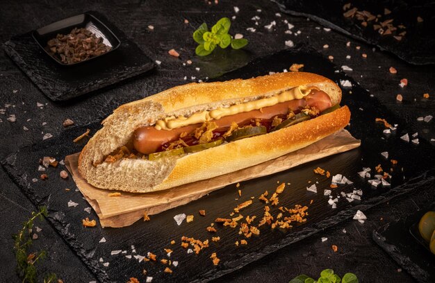 Hot-dog aux cornichons oignons séchés et moutar sur fond d'ardoise noire nature morte