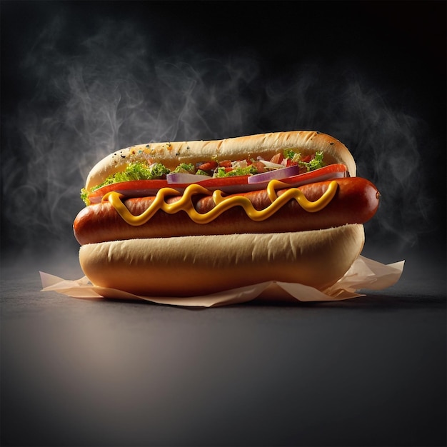 Un hot-dog avec beaucoup de garnitures dessus