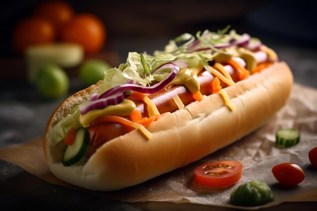 Un hot-dog avec beaucoup de garnitures dessus