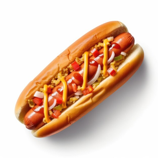 hot dog avec beaucoup de sauce sur fond blanc