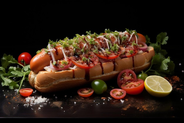 Photo un hot-dog avec beaucoup de toppings dessus