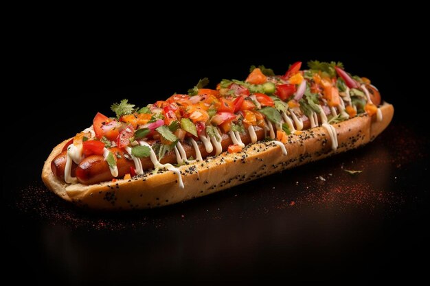 Photo un hot-dog avec beaucoup de toppings est assis sur une table