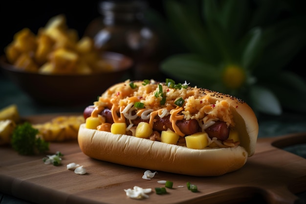 Un hot-dog avec un côté d'ananas est assis sur une planche à découper en bois.