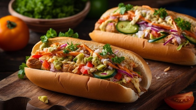 Un hot-dog avec un côté de légumes sur une planche à découper