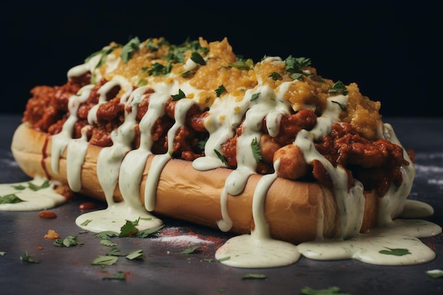 un hot-dog avec du chili et des oignons sur une table