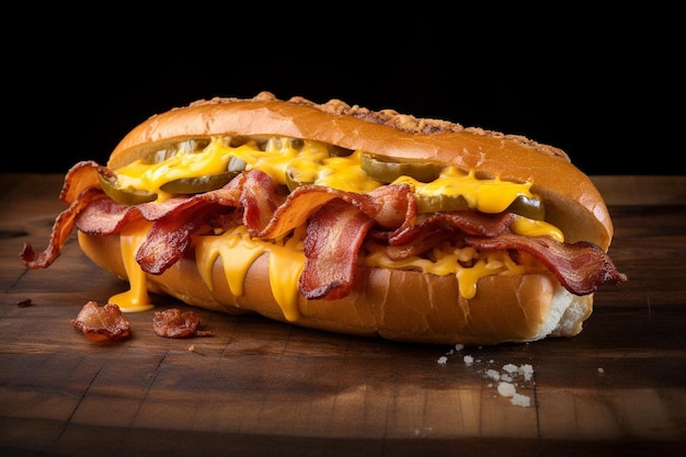 Photo un hot-dog avec du fromage et du bacon sur une planche en bois