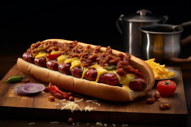 Photo un hot-dog avec du fromage et du piment sur une planche à couper