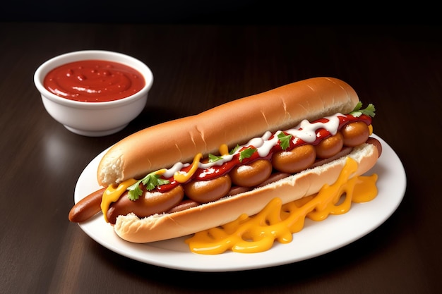 Un hot-dog avec du ketchup et de la moutarde sur une assiette.