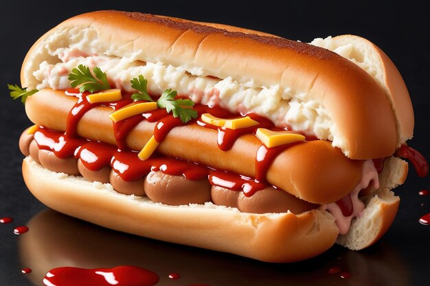 Un hot-dog avec du ketchup et de la moutarde dessus