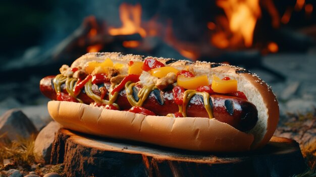 Photo un hot-dog avec du ketchup à la moutarde et du relish