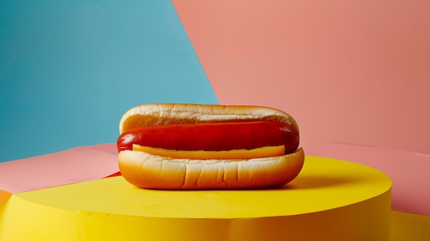 un hot-dog avec du ketchup et de la moutarde sur un fond jaune et bleu