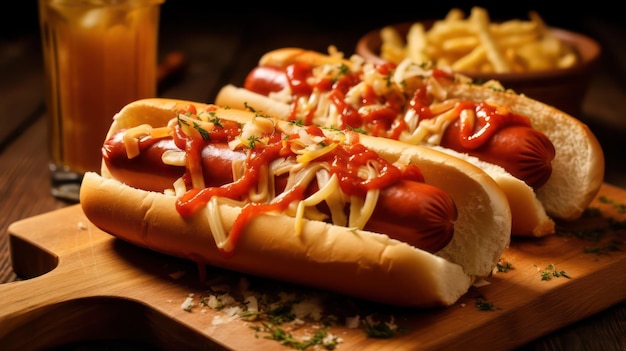 Un hot-dog avec du ketchup et de la moutarde.