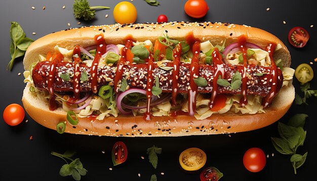 Photo un hot-dog avec du ketchup et des oignons sur un fond noir