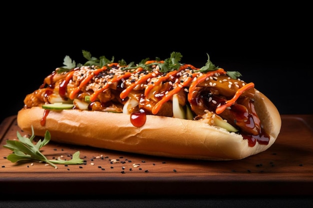 un hot-dog avec du ketchup et des oignons sur une planche à couper en bois