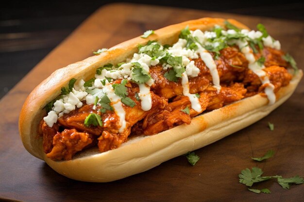 Photo un hot-dog avec du poulet et des oignons verts sur une table en bois