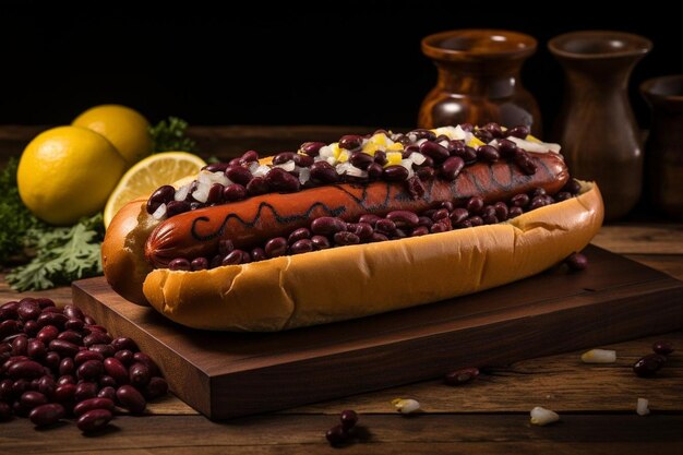 Un hot-dog est sur une planche en bois avec un hot-dog et des citrons