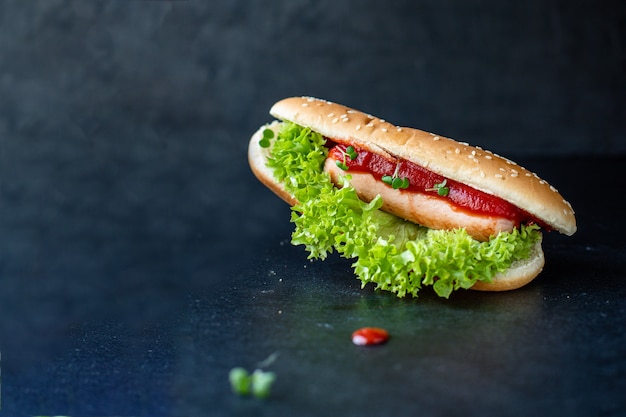 Hot Dog Fast-Food saucisse sandwich et feuille de laitue sauce tomate