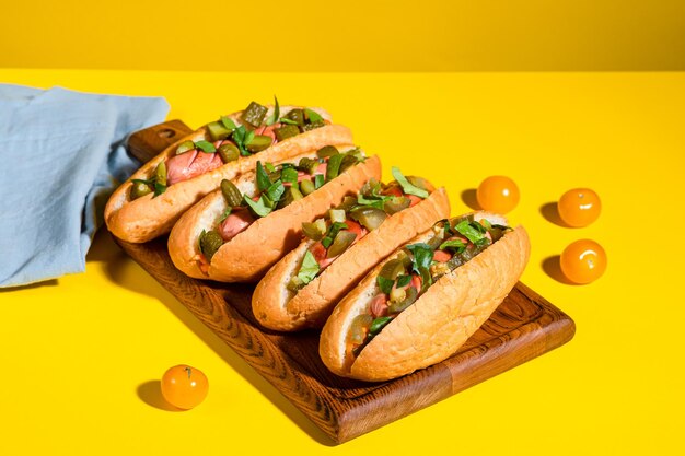 Hot-dog sur fond jaune, hot-dog avec saucisse.