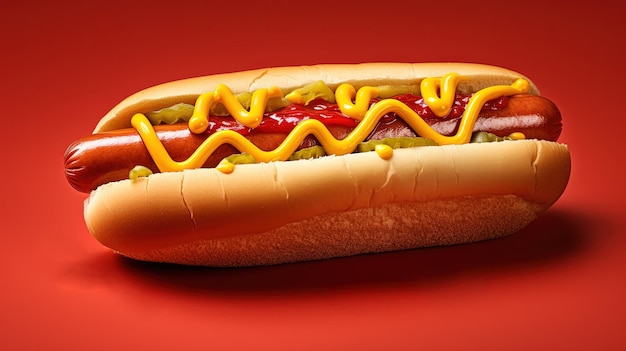 Un hot-dog sur un fond rouge