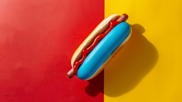 un hot dog avec un hot dog bleu sur le côté