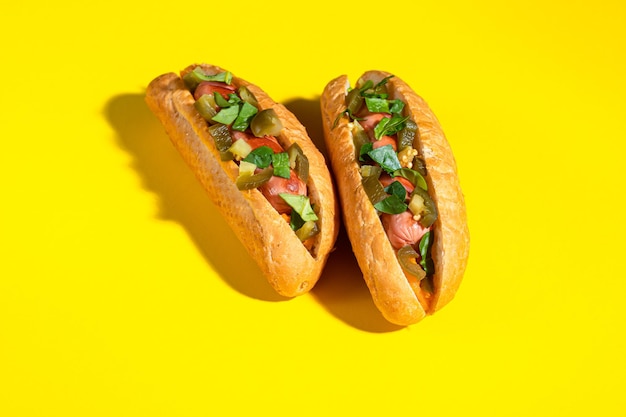 Hot dog hot dog avec concombres marinés piments jalapeno carottes verts sur fond jaune