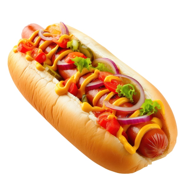 Hot dog isolé sur un fond blanc ou transparent un pain coupé dans la longueur avec une saucisse au lait