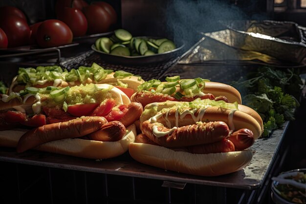 Hot-dog juteux avec sauces et légumes frais générative IA