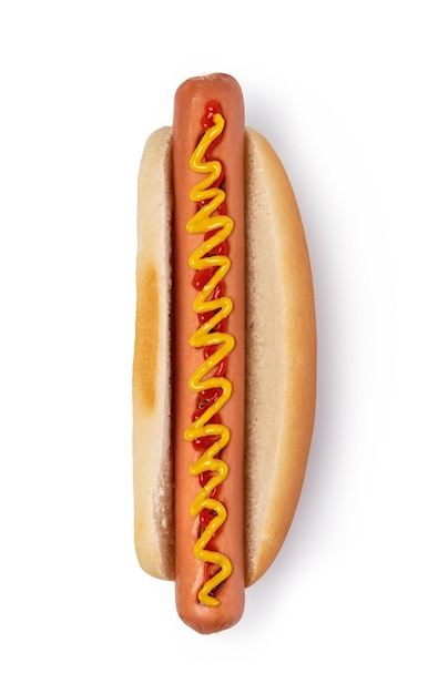 Hot-dog avec ketchup et moutarde sur blanc