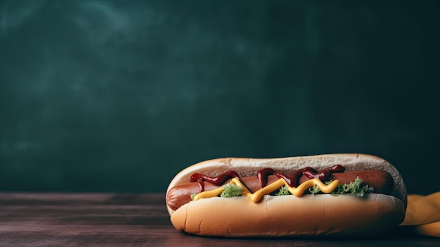 Hot-dog à la moutarde et au ketchup sur une table en bois