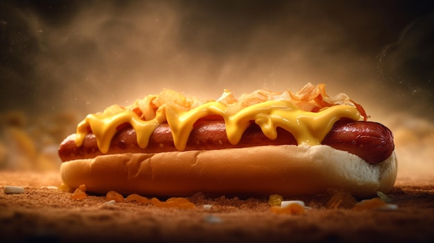 Un hot-dog avec de la moutarde et du fromage dessus