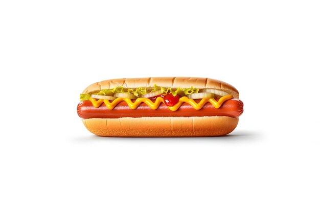 Hot-dog avec de la moutarde et du ketchup isolé sur fond blanc