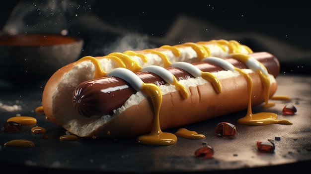 Un hot-dog avec de la moutarde est sur une assiette avec une tasse de hot-dogs