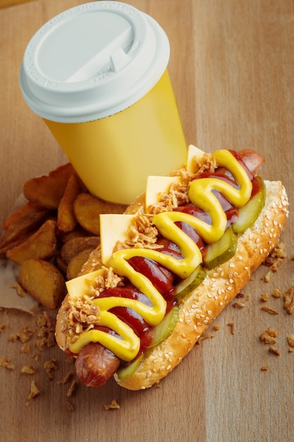 Hot-dog à la moutarde jaune et ketchup sur planche de bois