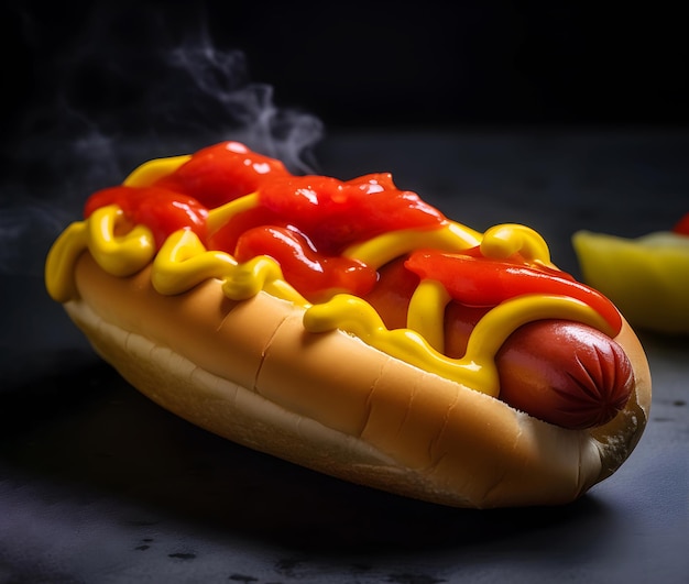 Photo hot-dog avec moutarde et ketchup sur un fond sombre