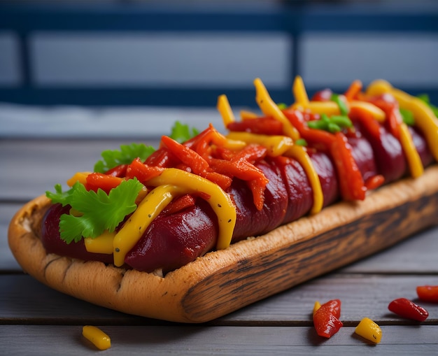 Un hot-dog avec de la moutarde et de la moutarde dessus