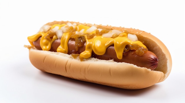 Un hot-dog avec de la moutarde et des oignons dessus.