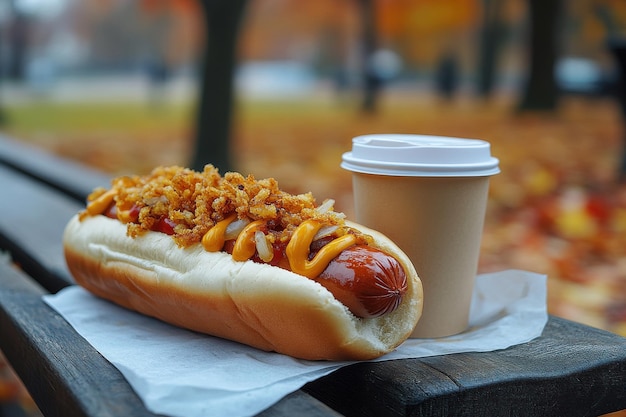 Un hot-dog avec de la moutarde et des oignons est assis sur un banc à côté d'une tasse de café