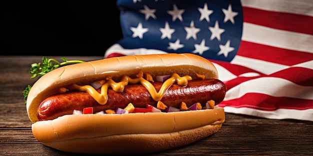 Hot-dog à la moutarde et petit drapeau américain sur la serviette