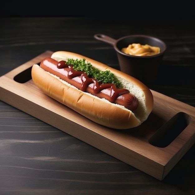 Un hot-dog avec de la moutarde sur une planche de bois