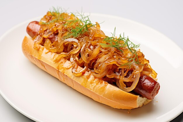 Hot-dog avec oignon caramélisé et moutarde sur le gros plan de l'assiette blanche