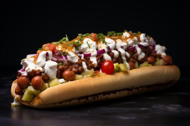 Photo un hot-dog avec des oignons, des tomates et des oignes sur une table