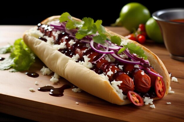 Photo un hot-dog avec un pain et des légumes sur une planche à couper