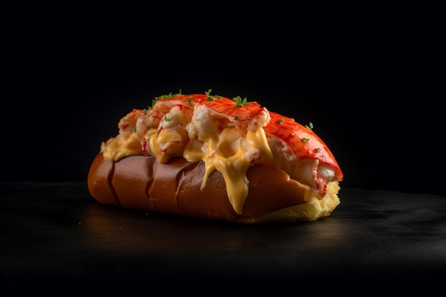 Un hot-dog avec un petit pain avec du homard dessus