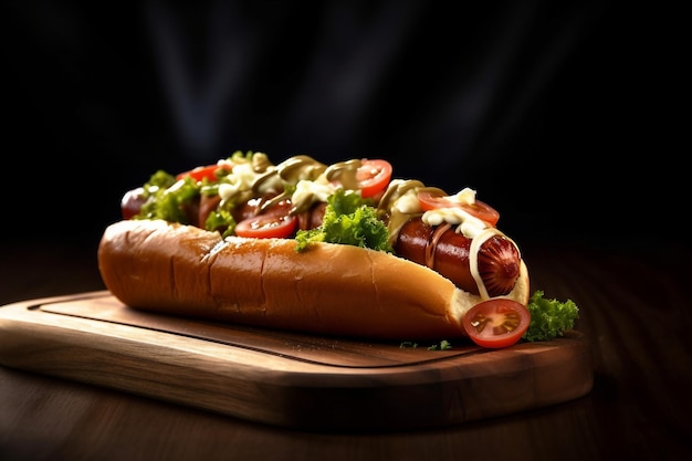 Hot-dog sur une plaque de bois sombre backgroundcloseup